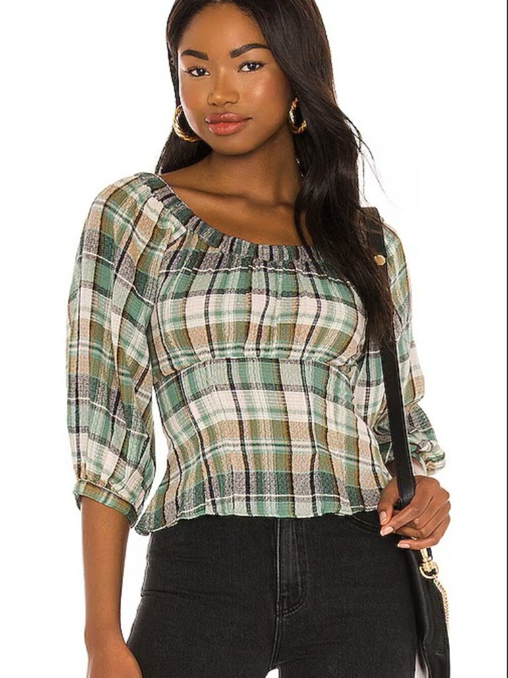 C099  Free People "Teagan" Plaid Puff Sleeve Top